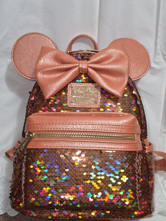 Loungefly Handbags - Loungefly Peach Sequin Minnie Bow Backpack NWT